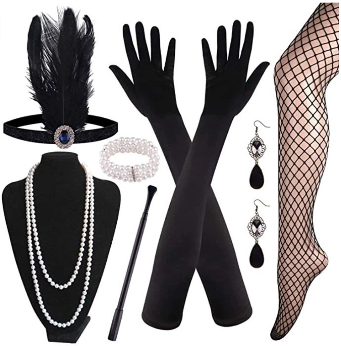 Daity Set van 7 stuks - Vintage veren hoofdbandset voor vrijgezellenfeesten uit de jaren 20 - hoofdband voor damesfeestkostuum - hoofddeksel met veren voor flirten - parelketting en oorbellen - handschoenen