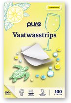 Gele verpakking 'Pure Laundry Club Vaatwasstrips' met citroenillustraties, een glas en een schildpad. Onderin staan iconen en '100 STRIPS'.