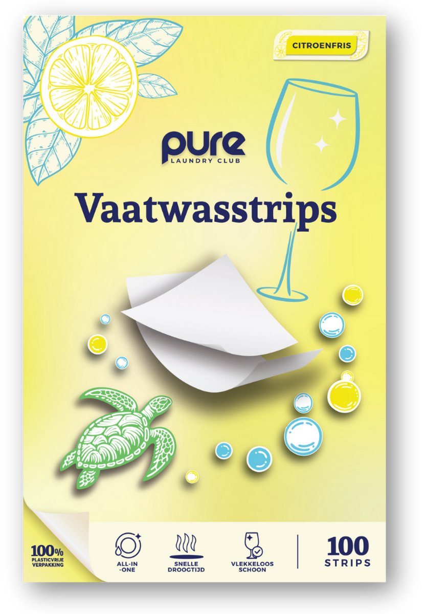 Pure Laundry Club Vaatwasstrips - 100 Strips - Citroenfris - Milieuvriendelijk & 100% Plasticvrij - Zonder Fosfaten, Chloor & Microplastics - Vaatwastabletten Alternatief - Wasstrips Vaatwasser — afbeelding 1