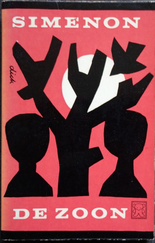 Couverture de livre "De Zoon" de "Simenon" avec un fond rouge et des figures stylisées noires de deux personnes et un arbre.