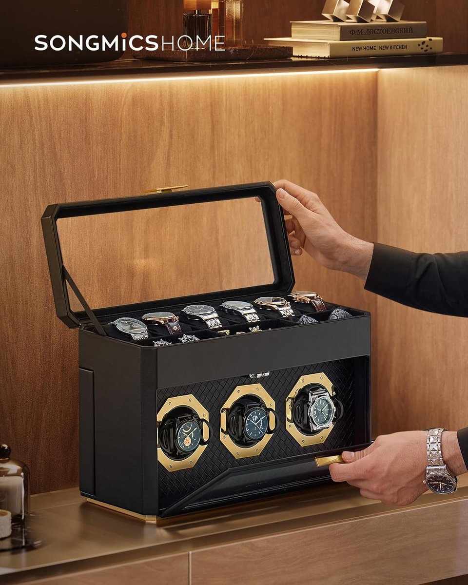 SONGMICS HOME Ronne Collectie - Horlogebox voor 9 horloges, glazen venster boven- en voorkant, verstelbare horlogehouders, PU kunstleer met gevlochten look, zwevend effect, cadeau-idee, zwart - JWB026B01
