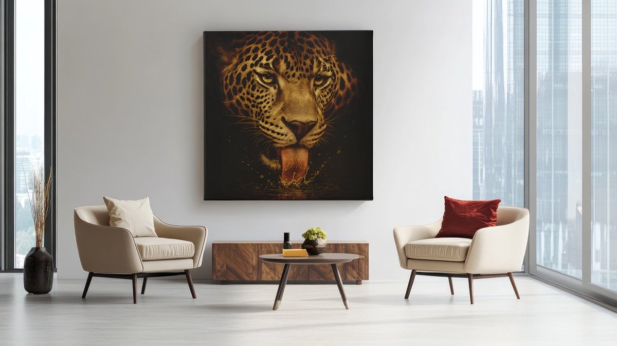 Trendex Global Vierkant Canvas Schilderij - Dieren - Luipaard drinkt water - 60x60x2 cm Bruin