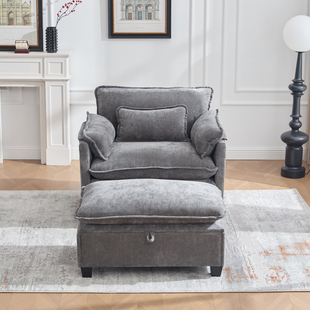 Moderne extra grote fauteuil met voetenbank en kruk, fluwelen loungestoel met zijvakken en kussens, comfortabele leesstoel voor woonkamer, slaapkamer en appartement(Grijs)