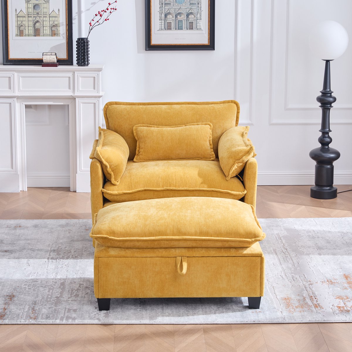 Moderne extra grote fauteuil met voetenbank en kruk, fluwelen loungestoel met zijvakken en kussens, comfortabele leesstoel voor woonkamer, slaapkamer en appartement(geel)