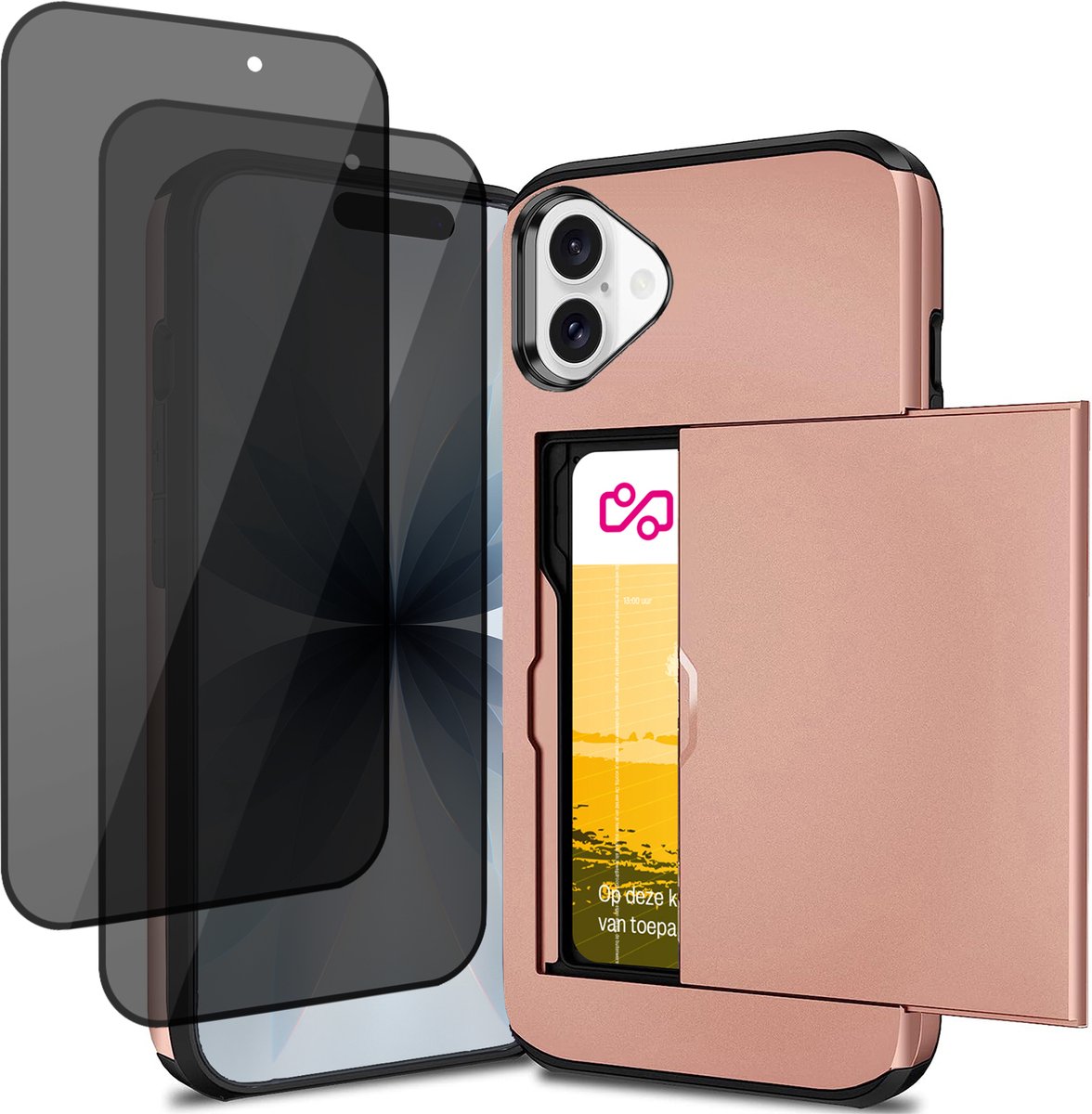 Hoesje met Pasjeshouder geschikt voor iPhone 17 - 2x Privacy Screen Protector FullGuard - Back Cover SlideCase Roségoud & Screenprotector