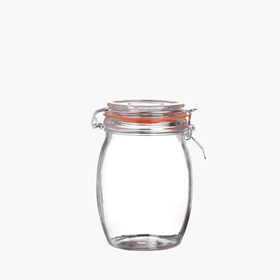 Glazen voorraadpot van 1 liter met rode rubberen ring en beugelsluiting.
