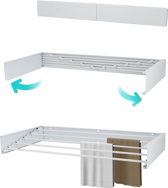 Étagère à linge murale KROMS blanche avec 6 barres de séchage, pliable, avec deux serviettes blanches.
