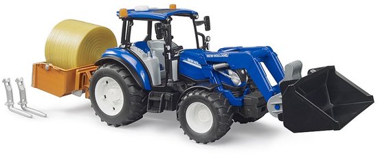 Bruder New Holland T5.120 + voorlader, laadbak, vorken + ronde balen 1:16