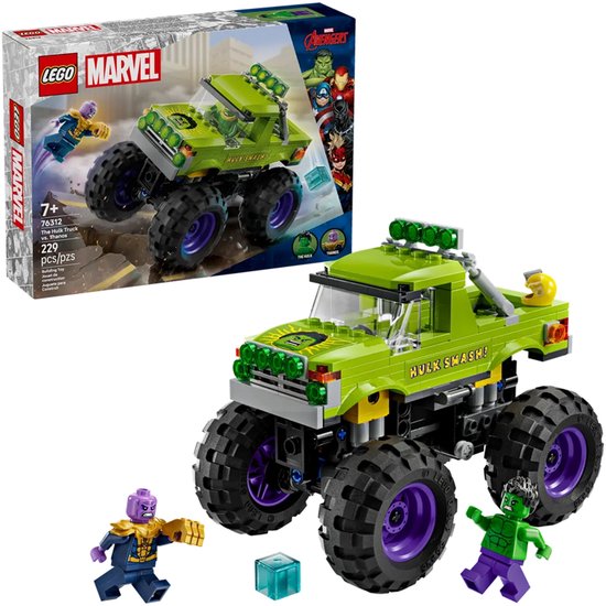 LEGO Marvel De Hulk Truck vs. Thanos set met groene truck, Hulk en Thanos.