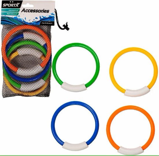 Een netzak met gekleurde duikringen en vier losse ringen: groen, oranje, blauw en geel.