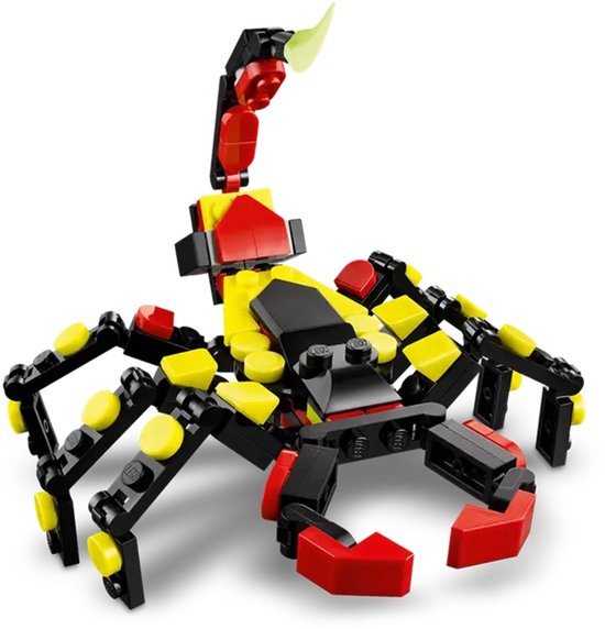 Zwarte, rode en gele LEGO spin met acht poten en een scherpe staart.