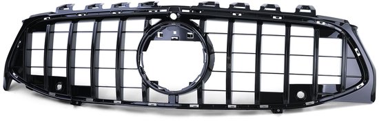 Glanzend zwarte grille met een rasterpatroon en een ronde opening in het midden voor een camera.