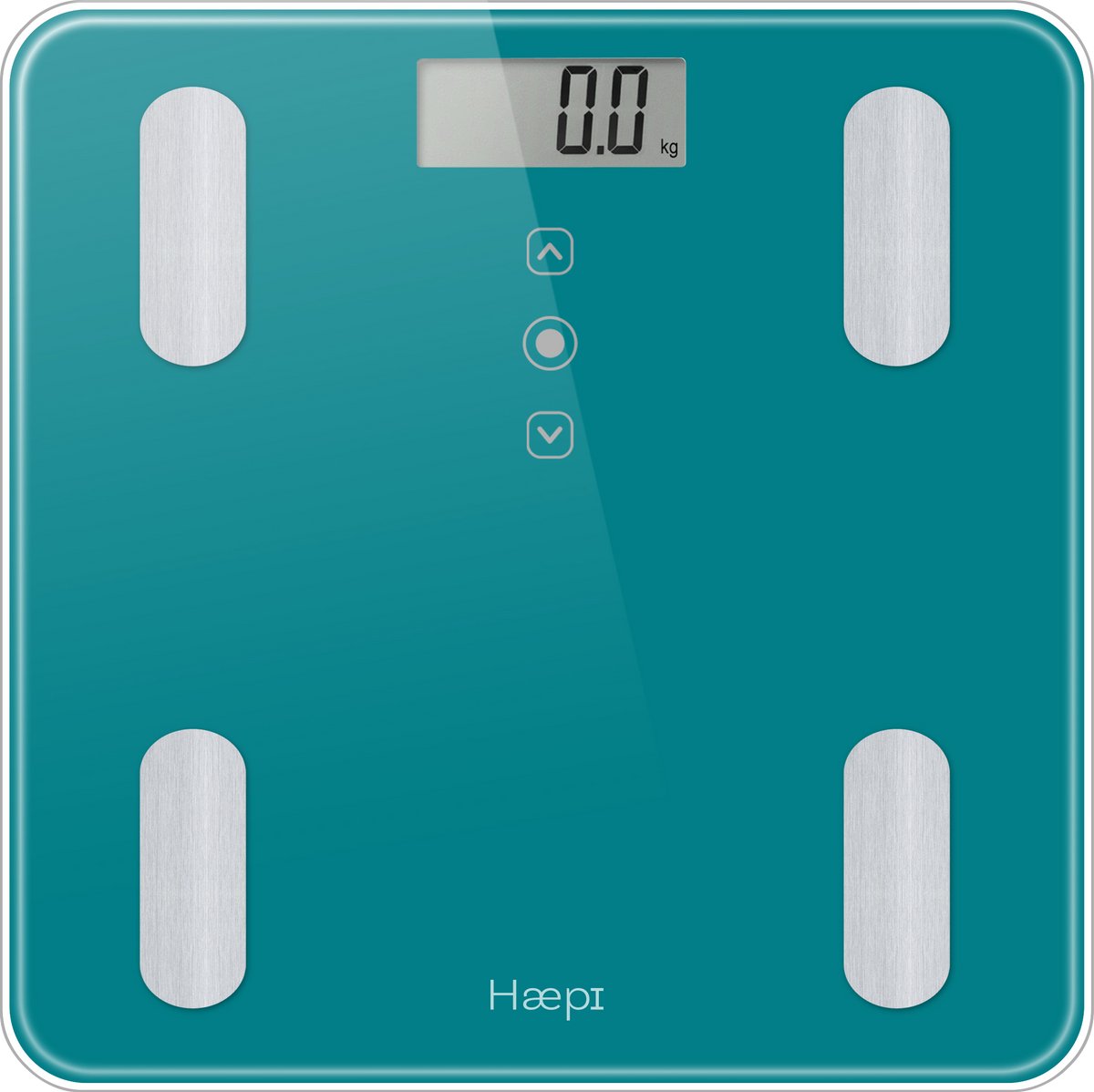 Haepi - Body Analyzer - Volledige lichaamsanalyse: BMI, Kcal, gewicht, vetmassa, botmassa, vochtgehalte, spiermassa - Modern en elegant design - Maximale capaciteit van 180 kg - Inclusief batterijen - Turkoois.