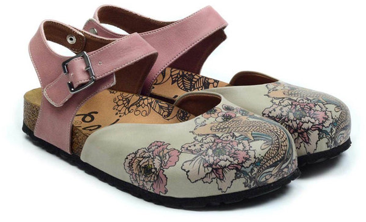 Goby Dames Clogs – Dragon en Bloemenprint – Vegan Leer – Handgemaakt – Maat 42