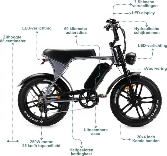 OUXI V8 Elektrische Fatbike - Ingebouwd Alarmsystseem - Inclusief Achterzitje - Inclusief Voetsteuntjes - 20 Inch - 250W Motor - 7 Versnellingen - 60 km Actieradius - Hydraulische Schijfremmen - Zwart van Ouxi — afbeelding 4