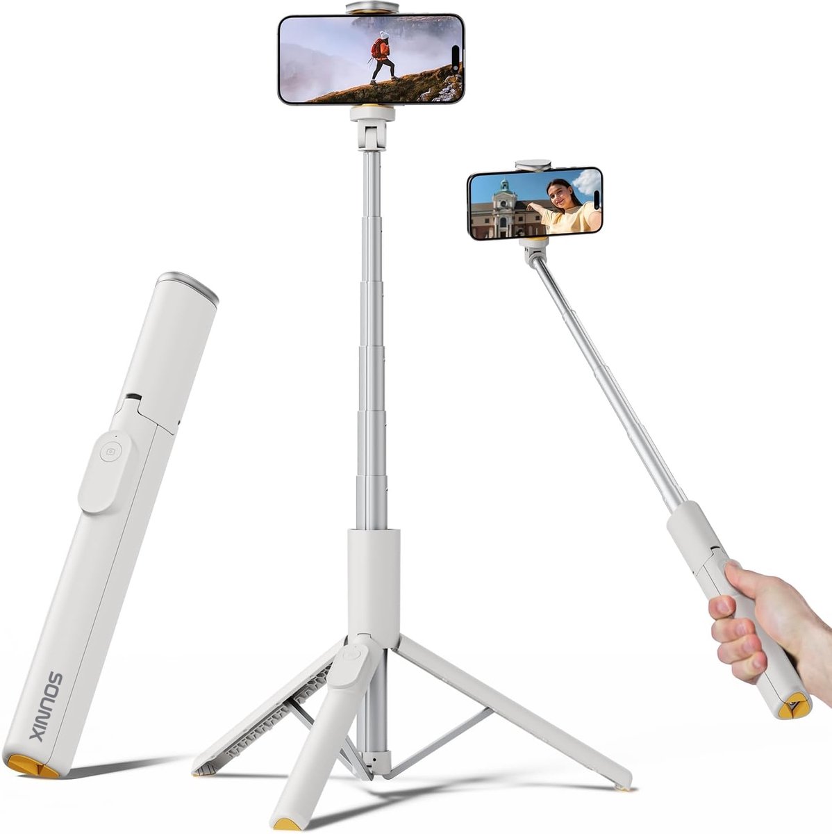 Sounix Selfiestick Tripod - Tripod Smartphone met Afstandsbediening - Telefoon statief tot 150cm hoog - Smartphone Statief - Wit