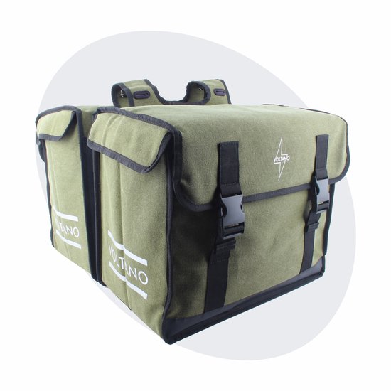 Voltano Canvas Dubbele Fietstas 70L XXL - Olijf Groen - 100% Waterdicht - Afstandhouder Optie - Universele bevestiging - Grote Fietstassen Elektrische Fietsen