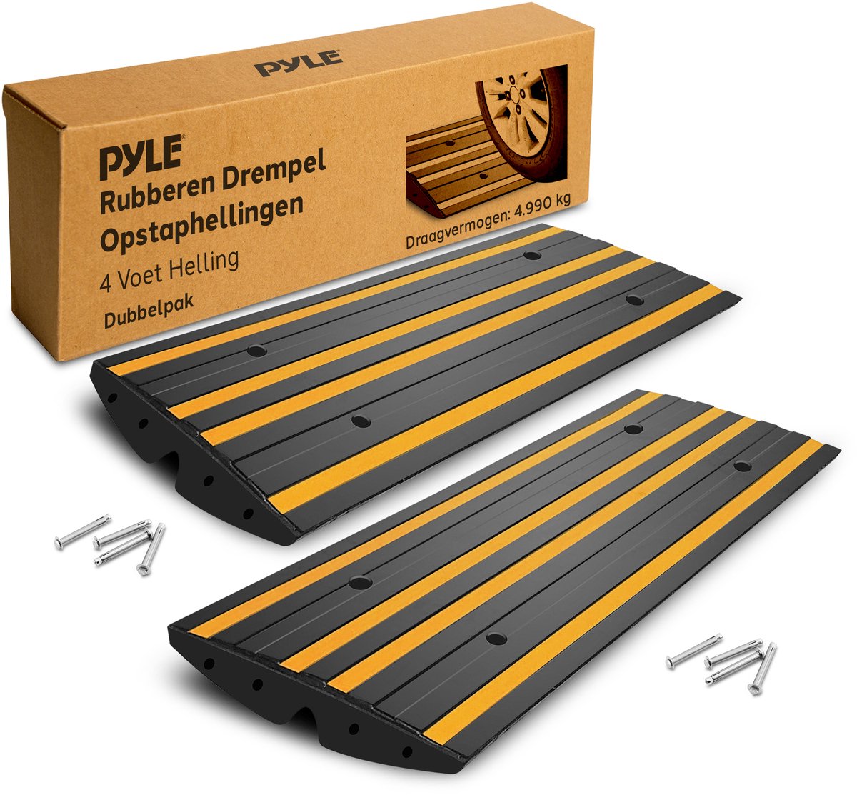 Pyle Rubberen Drempeloprit 4 ft – Set van 2 Zware Antislip Autoplaat voor Oprit, Garage & Stoep – Waterdicht met Gele Reflecterende Strepen – Inclusief Schroeven – 48x16x2,6 inch