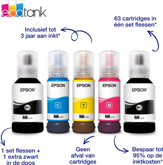 Vijf Epson EcoTank inktflessen: zwart, cyaan, geel, magenta en extra zwart.