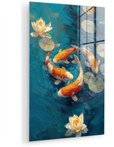 MuchoWow® Glasschilderij 60x90 cm - Schilderij acrylglas - Vissen - Waterlelies - Oranje - Water - Foto op glas - Muurdecoratie woonkamer - Wanddecoratie slaapkamer - Schilderijen