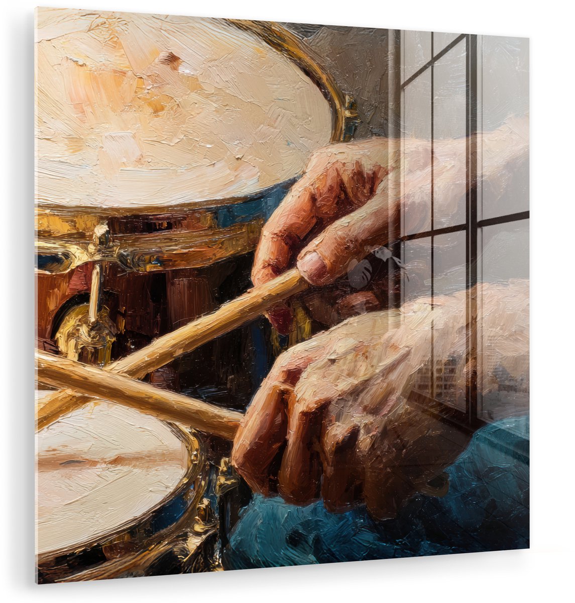 MuchoWow® Glasschilderij 20x20 cm - Schilderij acrylglas - Drumstokken - Olieverf - Man - Foto op glas - Muurdecoratie woonkamer - Wanddecoratie slaapkamer - Schilderijen