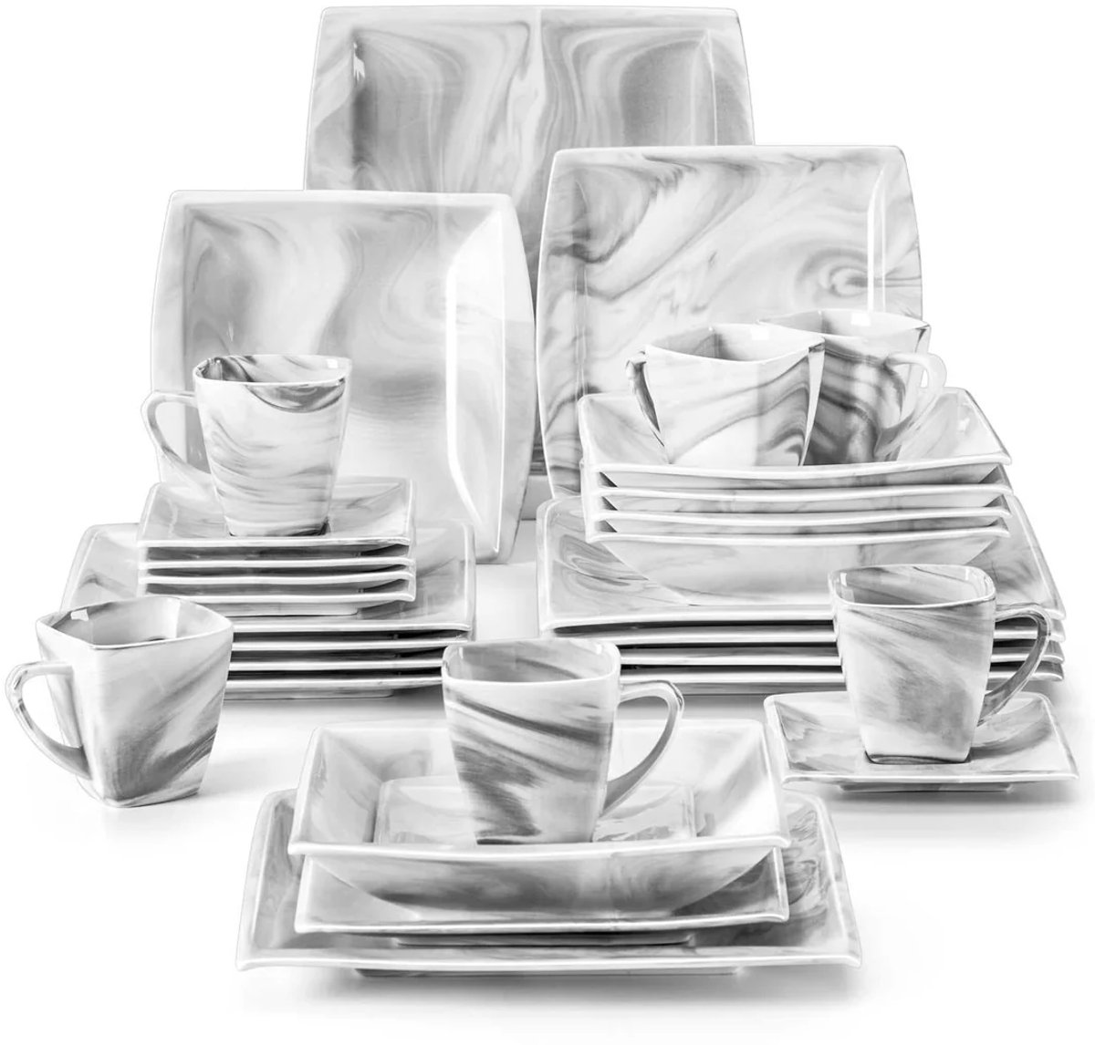 Luxe Serviesset – 30 delig – 6 persoons – Porselein - Bordenset – Dinner platen – Dessertborden - Diepbord - Kommen - Mokken - Marmergrijs