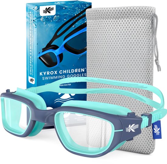 Lunettes de natation Kyrox pour enfants - Lunettes de plongée pour enfants - 6-15 ans - Avec sac en filet - Anti-condensation - Protection UV - Aqua