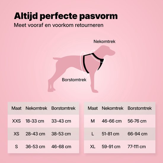 Illustratie van een hond met maten voor nek- en borstomtrek, met maattabel voor XXS tot XL.