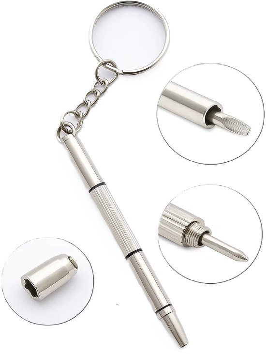 Zilverkleurige schroevendraaier-sleutelhanger met gedetailleerde afbeeldingen van de platte kop, kruiskop en de dop.