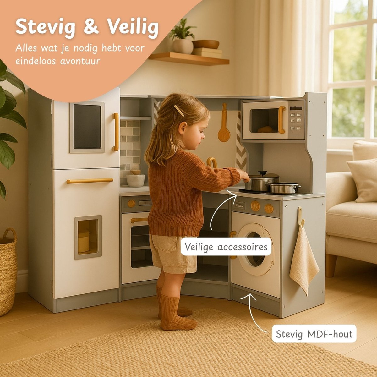 Maxx kidz - Houten Speelgoed Keuken Met Hoek - Complete Speelkeuken - Grijs Keukentje - Stevige Kinderkeuken met Accessoires - Speelgoedkeuken met Licht, Geluid en Pannetjes — afbeelding 8