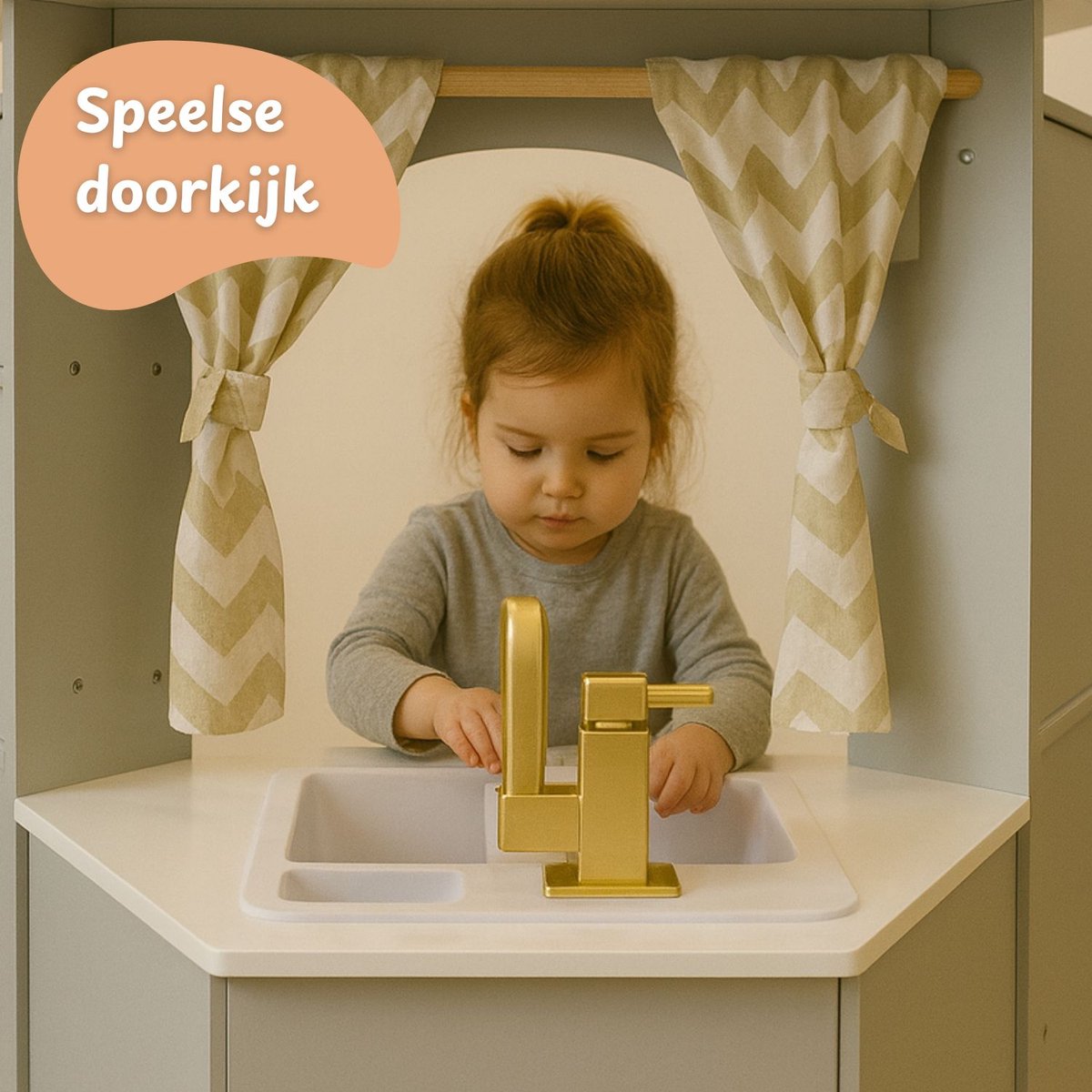 Maxx kidz - Houten Speelgoed Keuken Met Hoek - Complete Speelkeuken - Grijs Keukentje - Stevige Kinderkeuken met Accessoires - Speelgoedkeuken met Licht, Geluid en Pannetjes — afbeelding 2