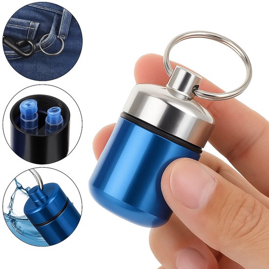 Pilulier avec porte-clés I Pilulier I Boîte à médicaments I Pilulier I Pilulier I Porte-clés | Étanche I Alliage d'aluminium I Blauw/ Argent