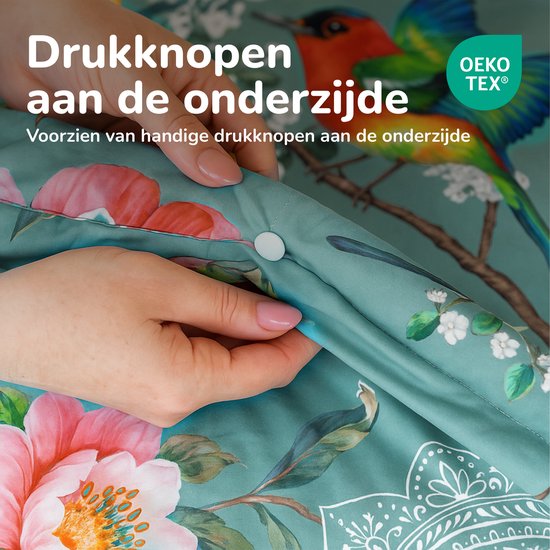 Sluiting van een dekbedovertrek met drukknopen, bedrukt met bloemen en een vogel. Tekst "Drukknopen aan de onderzijde".