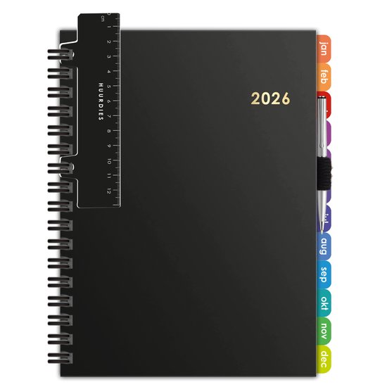 Huurdies agenda 2026 - A5 – Goudfolie – Hardcover - Weekoverzicht - Tabstickers