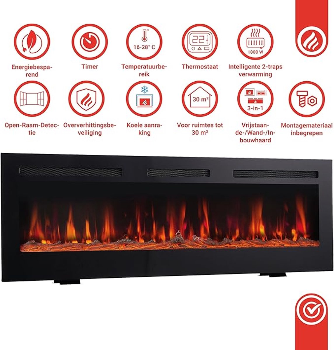 HomeByNicole Luxe Elektrische Haard "Infinity Flame" – 60 inch 3-in-1 Sfeerhaard | Wandhaard, Inbouwhaard & Staande Haard | 3D Vlameffect met 12 Kleuren | LED Sfeerhaard met Verwarming, Timer & Afstandsbediening – Modern Zwart Design