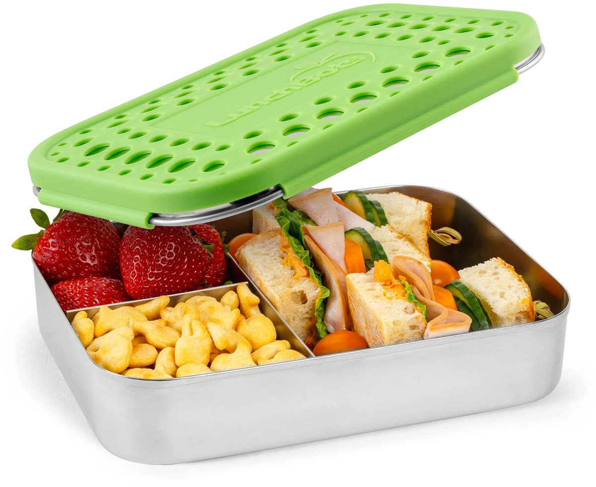 LunchBots - Large Trio - 3-vaks RVS Bento Box - Groen