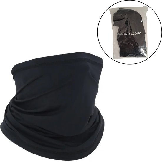 Zwarte nekwarmer en een verpakte nekwarmer van ALL WAY LONG.