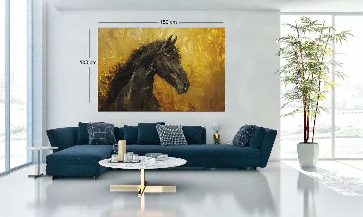 Trendex Global Canvas Schilderij - Paard - Dieren kunst - Wanddecoratie - 150x100x2 cm Goud