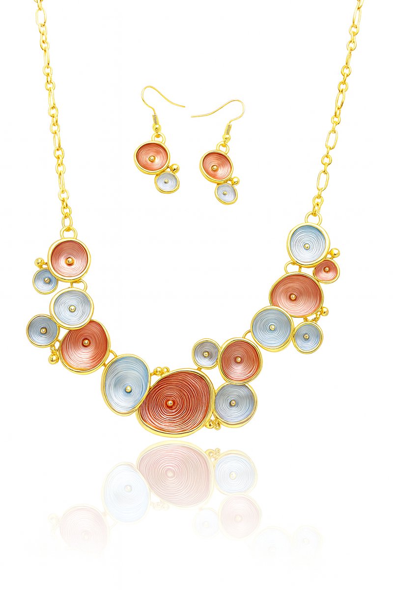 Dames sieradenset – Rood Blauw Ketting en Oorbellen – Rond Bloemmotief met Schroefpatroon – Milieuvriendelijke Legering