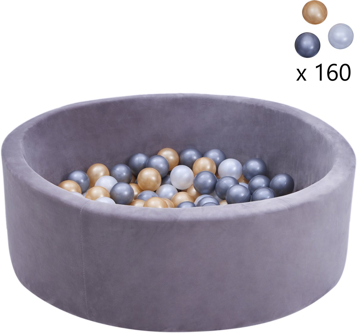 Sunny Boaz Ballenbak inclusief 160 ballen Velvet Grijs – Wit/Grijs/Goud Ø7cm ballen – Ballenbad rond Ø90x30cm