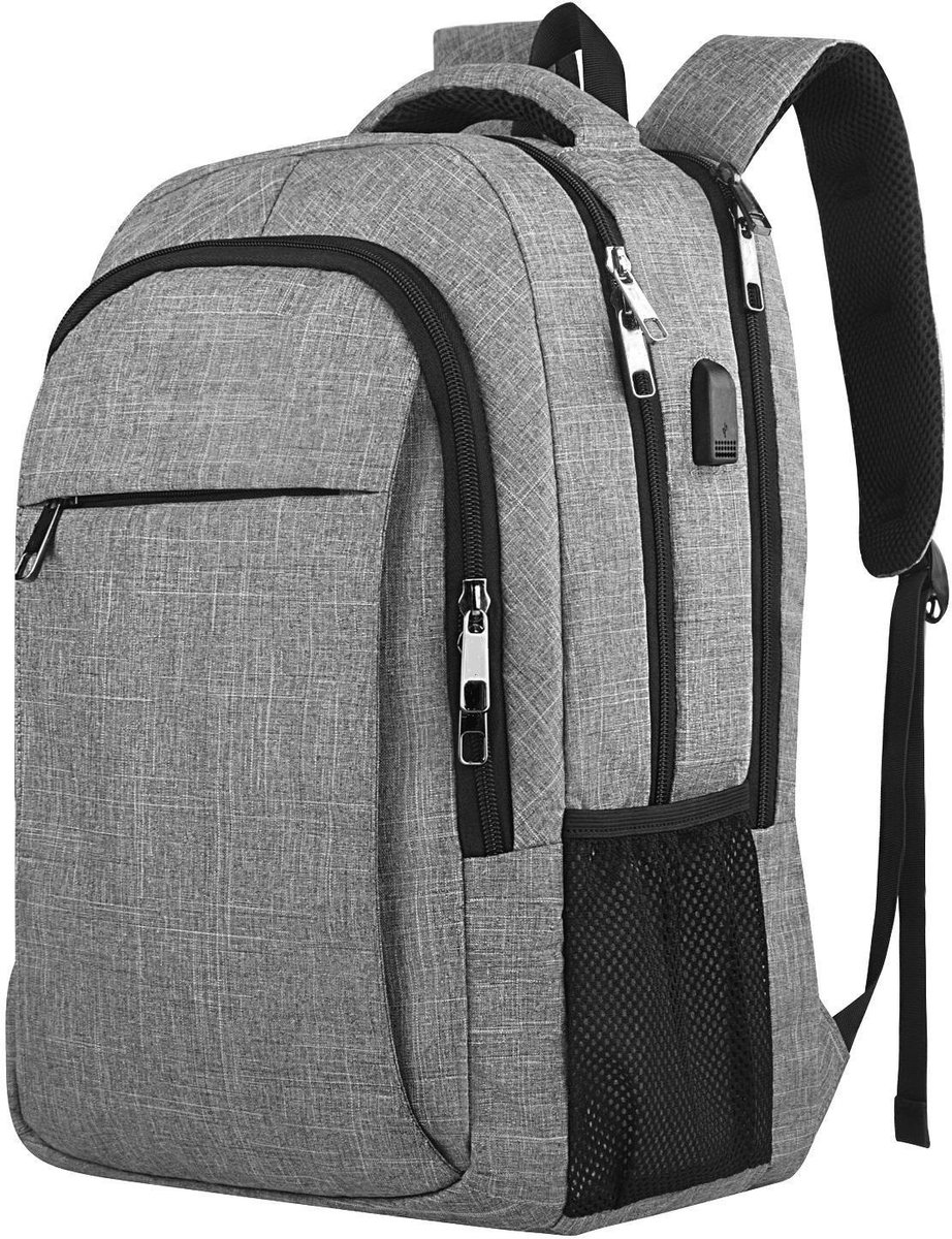 HipWare - Rugzak Laptoptas Schooltas - USB aansluiting - 28 Liter - Grijs - Luxe rugtas met 12 vakken