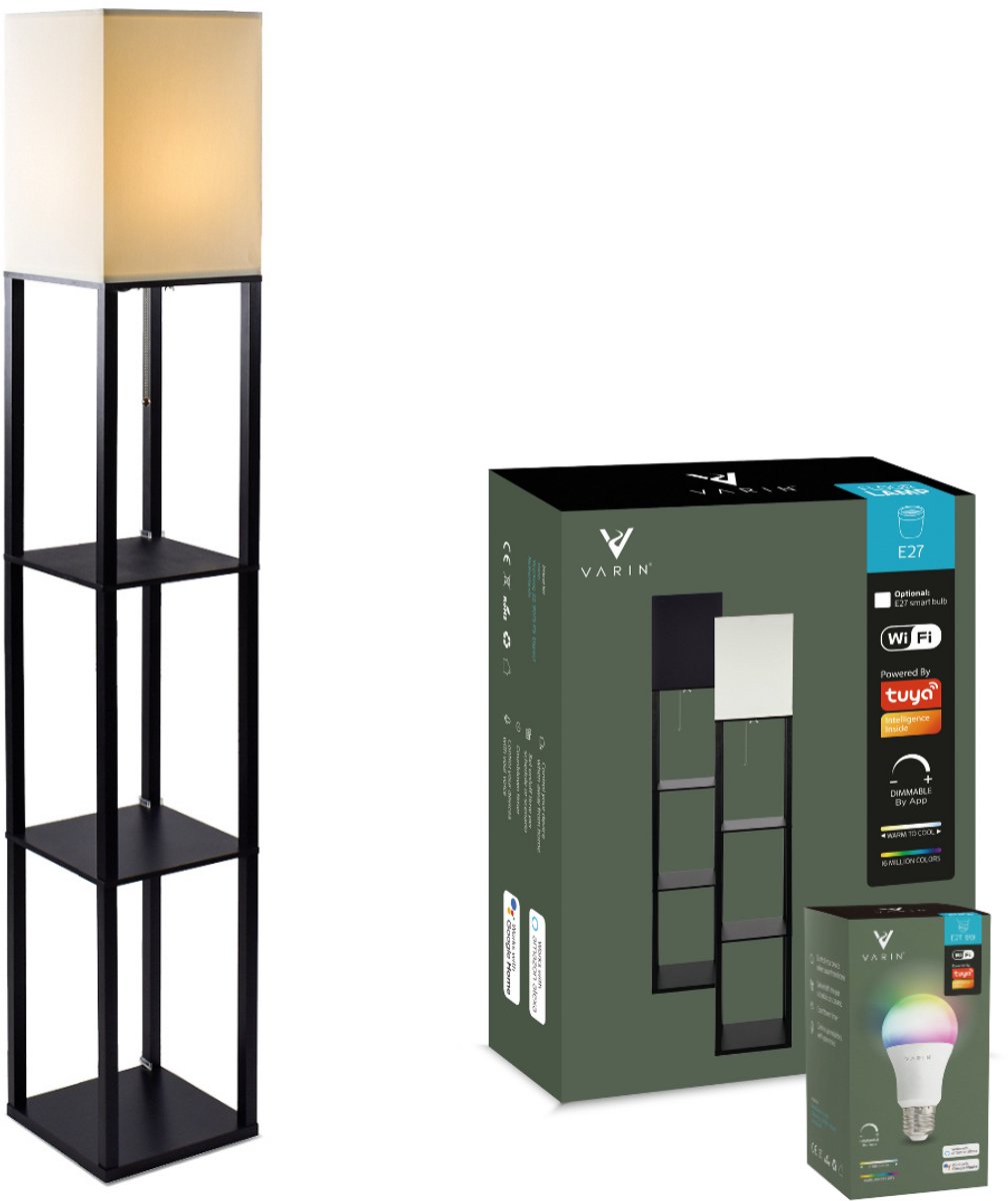 Varin® Vloerlamp met vakken - Zwart - Met E27 Led lamp - Dimbaar - Witlicht RGB - Smart Lamp - Tuya wifi - Slimme staande lampen - Sfeerlamp - Vakkenkast - Lamp industrieel - Daglichtlamp - Vloerlampen - Verlichting woonkamer, keuken en slaapkamer