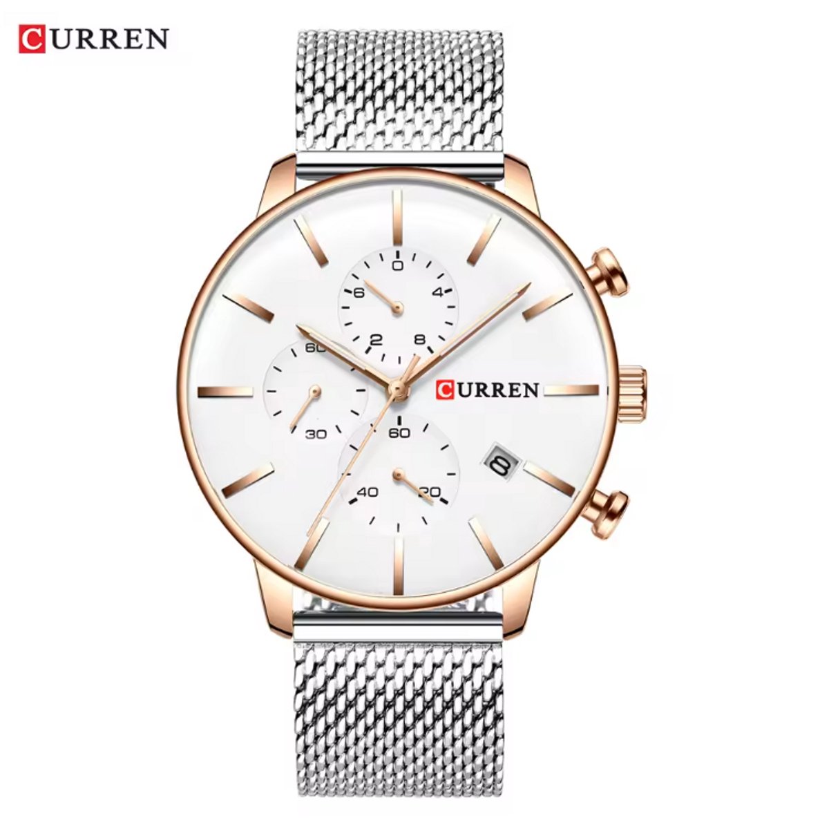 CURREN Horloge 8339 - Zilverkleurig-Roségoudkleurig-Wit - Heren - Quartz - Kalender - Mesh Band - Elegant en Zakelijk