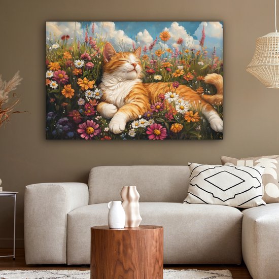Een oranje kat slaapt vredig te midden van een overvloed aan kleurrijke bloemen, weergegeven op een canvas.