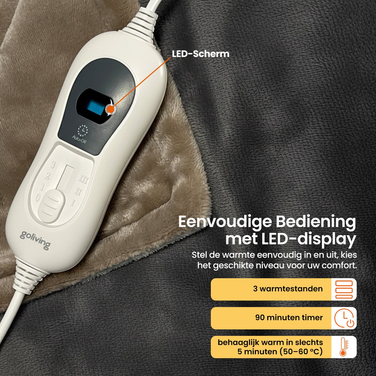 Goliving Elektrische Fleece Plaid Donkergrijs 120W - afbeelding 2