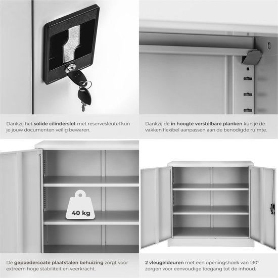 Detailfoto's van grijze archiefkast: cilinderslot met sleutel, plankbevestiging, belasting van 40 kg, en open deuren.