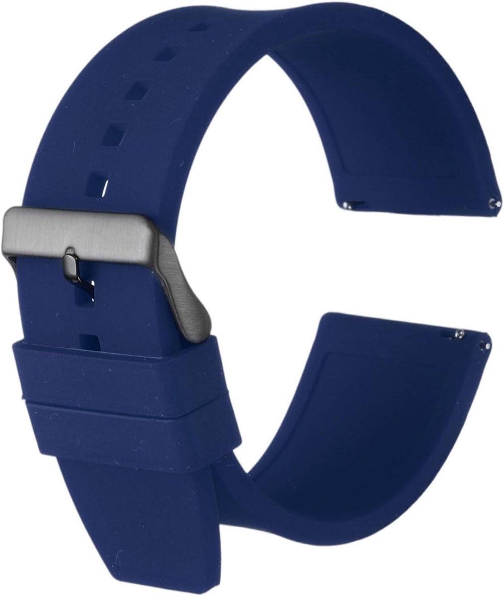 Allecto plus - Marineblauw siliconen horlogebandje 28mm, snelwissel, flexibel en zacht, roestvrijstalen zwarte sluiting