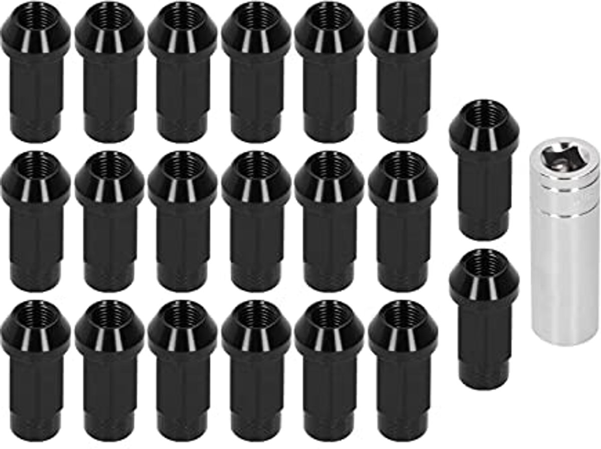 Wheel Nuts, Pack of 20 Wheel Nuts M14 x 1.5 cm, Thread 2 Inch Height 7075-T6 Aluminium Through Locking Hole Wheel Nuts (Black)
