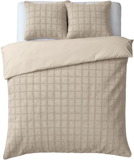 Housse de couette Dreamtextile Teddy à carreaux fourrure - 200 x 200/220 cm - Beige