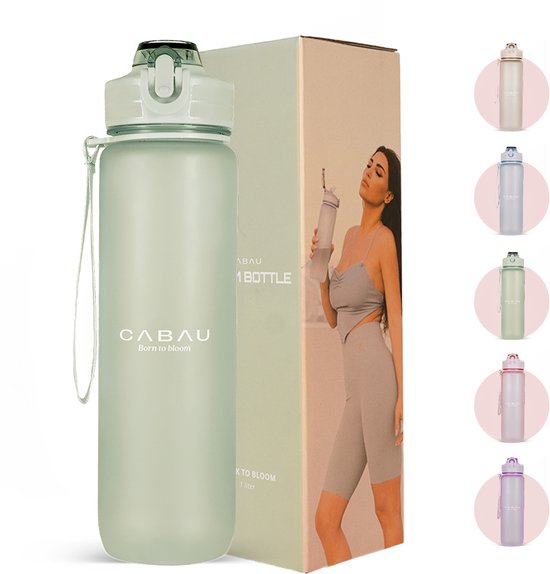 Cabau Bloom Waterfles / Drinkfles - 1 liter - Pistachio Green - Handige drinktuit & unieke maataanduiding - BPA- & Lekvrij - Drinkfles met rietje volwassenen - Drinkfles volwassenen - Drinkfles 1 liter - Verschillende drinkflessen - Cadeau voor haar